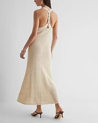 Crochet V-Neck Twist Back Maxi Dress Cover Up White Women's XL