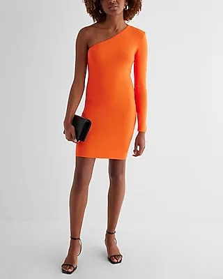 Cocktail & Party,Vacation Body Contour One Padded Shoulder Long Sleeve Mini Sweater Dress Orange Women's XS