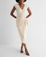 Work V-Neck Cap Sleeve Tie Waist Midi Sweater Dress Neutral Women's