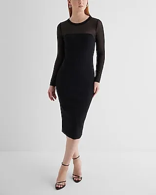 Cocktail & Party Body Contour Mesh Crew Neck Long Sleeve Midi Sweater Dress Black Women's XL