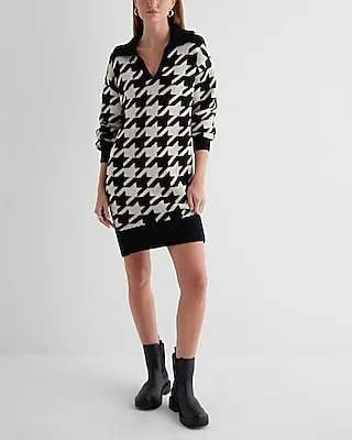 Casual Houndstooth V-Neck Mini Sweater Polo Dress