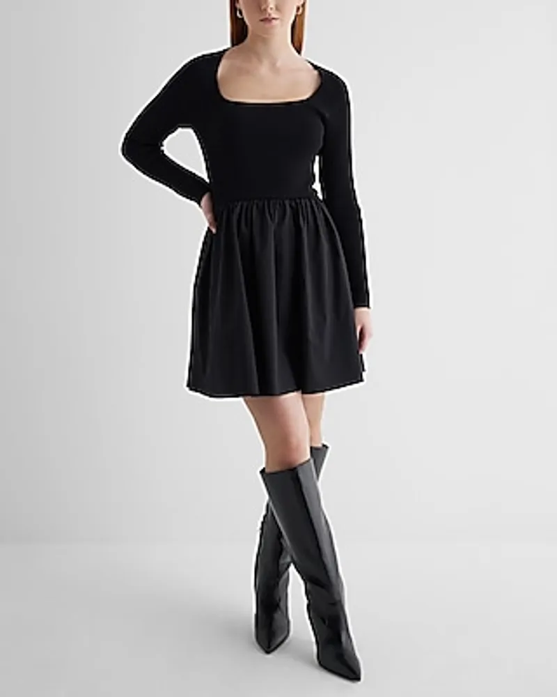 Casual Ribbed Square Neck Poplin Mini Fit And Flare Dress