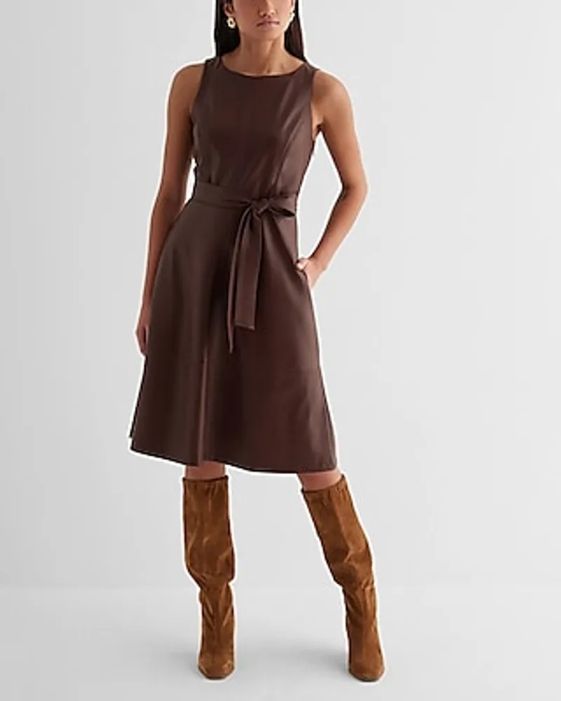 All For Looks Faux Leather Midi Dress - Brown