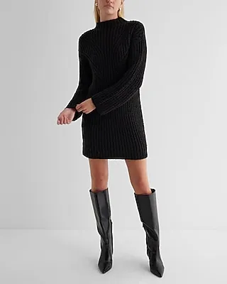 Date Night,Casual Metallic Ribbed Mock Neck Mini Sweater Dress Black Women's S