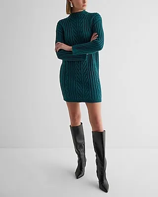 Casual Cable Knit Mock Neck Long Sleeve Mini Sweater Dress Green Women's L
