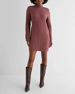 Casual Cable Knit Mock Neck Long Sleeve Mini Sweater Dress Purple Women's L