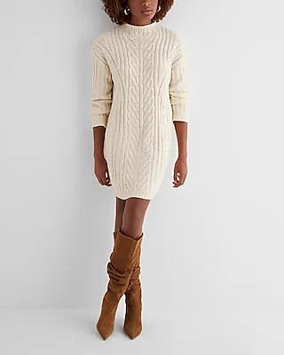 Casual Cable Knit Mock Neck Long Sleeve Mini Sweater Dress Neutral Women's XL