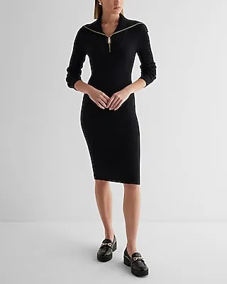 Work,Casual Quarter Zip Long Sleeve Midi Sweater Dress Black Women's XL