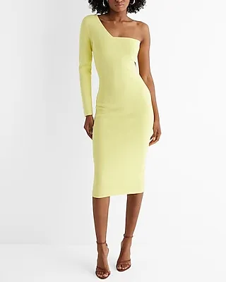 Date Night,Cocktail & Party,Vacation,Bridal Shower One Shoulder Long Sleeve Cutout Midi Sweater Dress Yellow Women's L