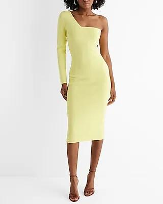 Date Night,Cocktail & Party,Vacation,Bridal Shower One Shoulder Long Sleeve Cutout Midi Sweater Dress Yellow Women's M