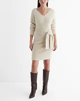 Work,Casual Faux Fur V-Neck Tie Waist Mini Sweater Dress Neutral Women's L