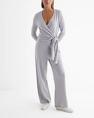 Casual V-Neck Surplice Tie Waist Sweater Jumpsuit