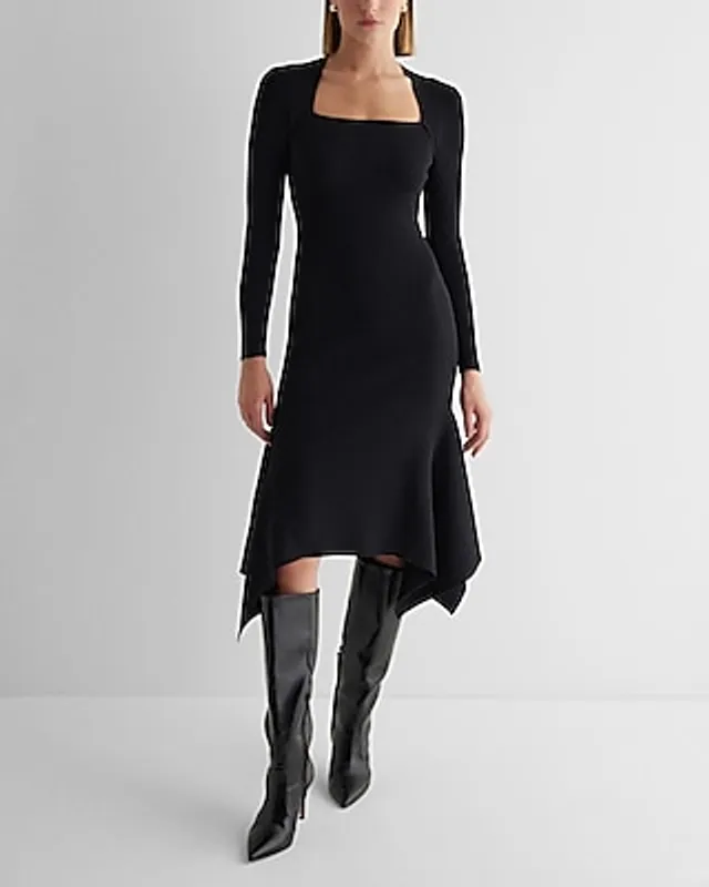 sachin and babi light blue dress Express Date Night,Cocktail & Party,Work Ribbed Square Neck Asymmetrical  Hem Midi Sweater Dress Black Women's