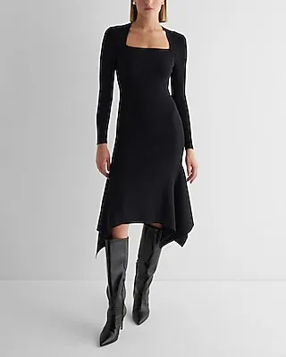 Date Night,Cocktail & Party,Work Ribbed Square Neck Asymmetrical Hem Midi Sweater Dress Black Women's S