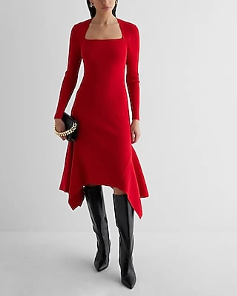 Date Night,Cocktail & Party,Work Ribbed Square Neck Asymmetrical Hem Midi Sweater Dress Red Women's L