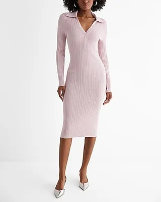 Casual,Work,Date Night,Bridal Shower Ribbed Long Sleeve Polo Midi Sweater Dress Pink Women's