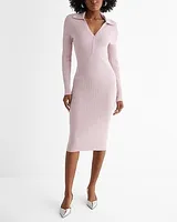 Casual,Work,Date Night,Bridal Shower Ribbed Long Sleeve Polo Midi Sweater Dress Pink Women's S