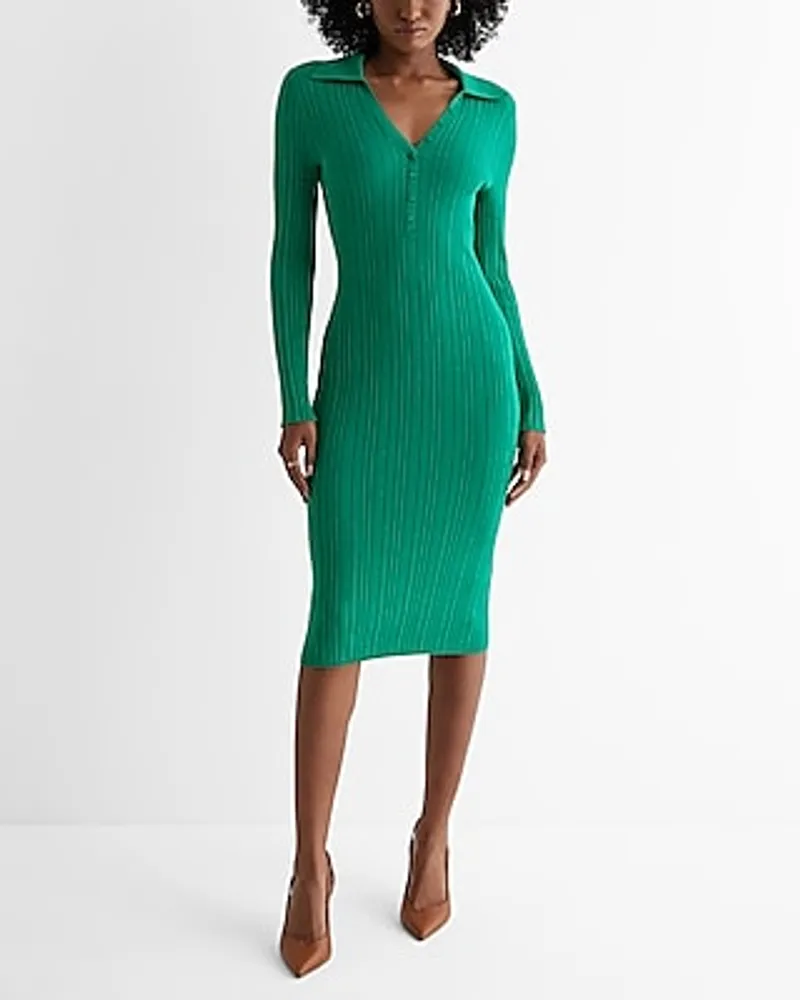 Casual,Work,Date Night,Bridal Shower Ribbed Long Sleeve Polo Midi Sweater Dress Women