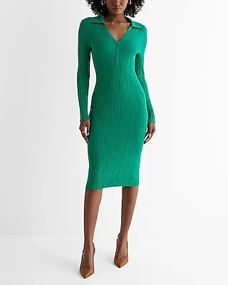 Casual,Work,Date Night,Bridal Shower Ribbed Long Sleeve Polo Midi Sweater Dress Green Women's L