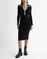 Work,Casual Ribbed Tipped V-Neck Midi Sweater Polo Dress Black Women's M