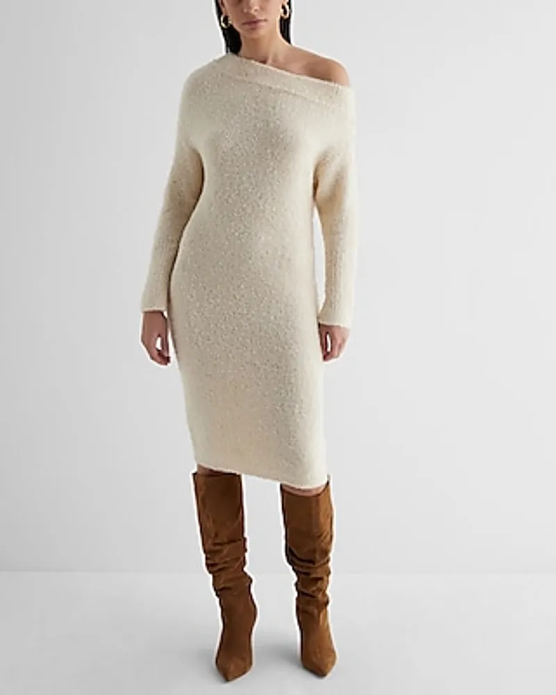 Date Night Boucle Off The Shoulder Long Sleeve Midi Sweater Dress