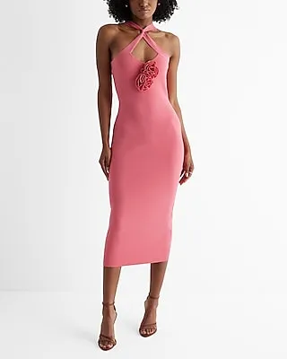 Date Night,Cocktail & Party,Vacation,Formal Twist Halter Neck Front Cutout Rosette Midi Sweater Dress
