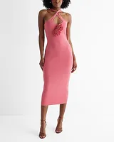 Date Night,Cocktail & Party,Vacation,Formal Twist Halter Neck Front Cutout Rosette Midi Sweater Dress Pink Women's L