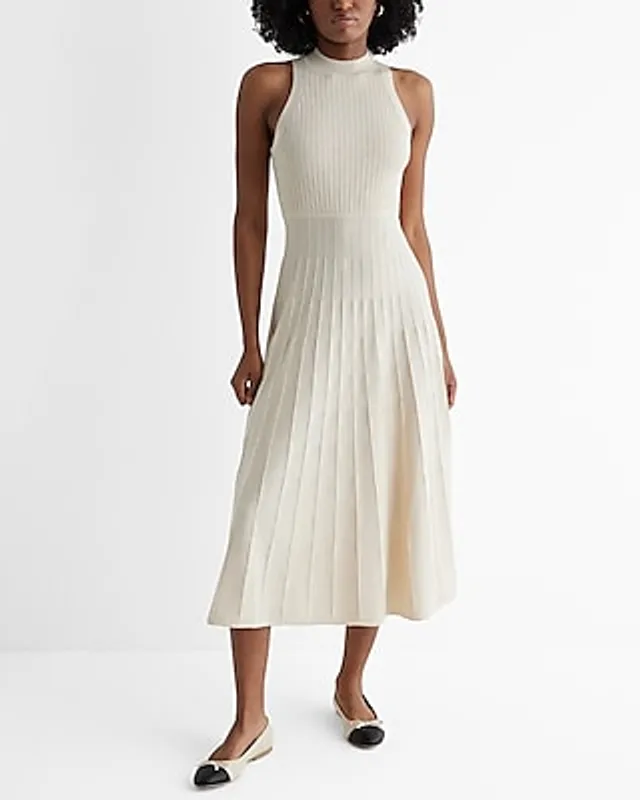 Express Date Night,Cocktail & Party,Casual,Work Pleated Mock Neck Midi  Sweater Dress Neutral Women's L