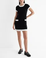 Date Night,Work Tipped Crew Neck Mini Shift Sweater Dress Black Women's M