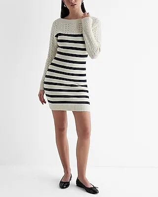 Casual,Work Striped Cable Knit Ribbed Mini Sweater Dress Multi-Color Women's M