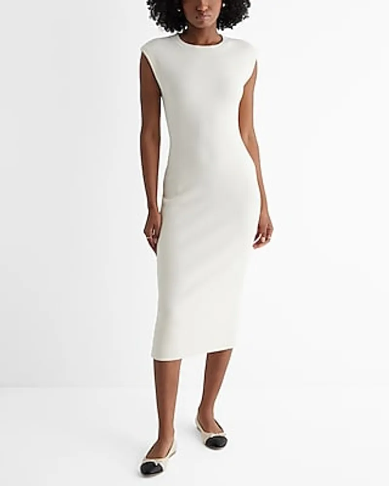 Date Night,Cocktail & Party,Work,Casual Crew Neck Cap Sleeve Midi Sweater Dress White Women