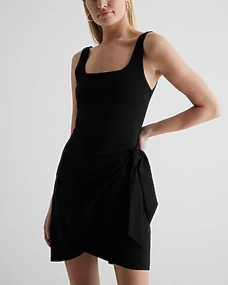 Casual Body Contour Square Neck Wrap Front Mini Dress Black Women's XS