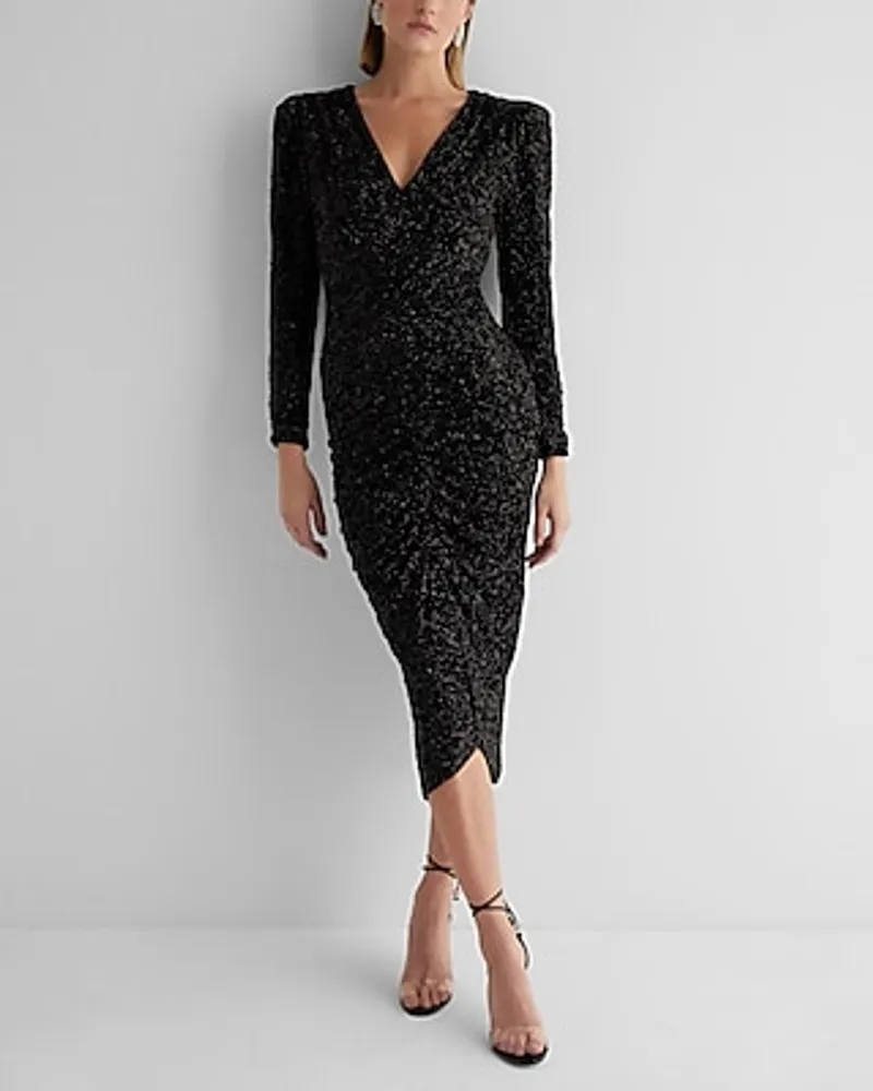 Cocktail & Party Sequin V-Neck Puff Sleeve Ruched Midi Dress Black Women's M