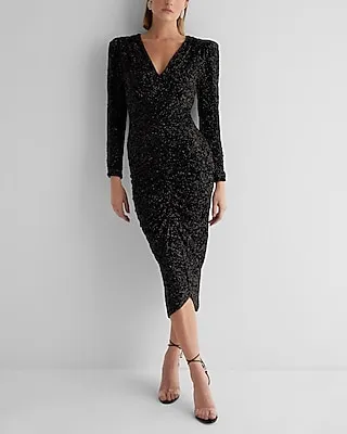 Cocktail & Party Sequin V-Neck Puff Sleeve Ruched Midi Dress