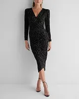 Cocktail & Party Sequin V-Neck Puff Sleeve Ruched Midi Dress Black Women's XL