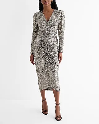 Cocktail & Party Sequin V-Neck Puff Sleeve Ruched Midi Dress Gray Women's XS