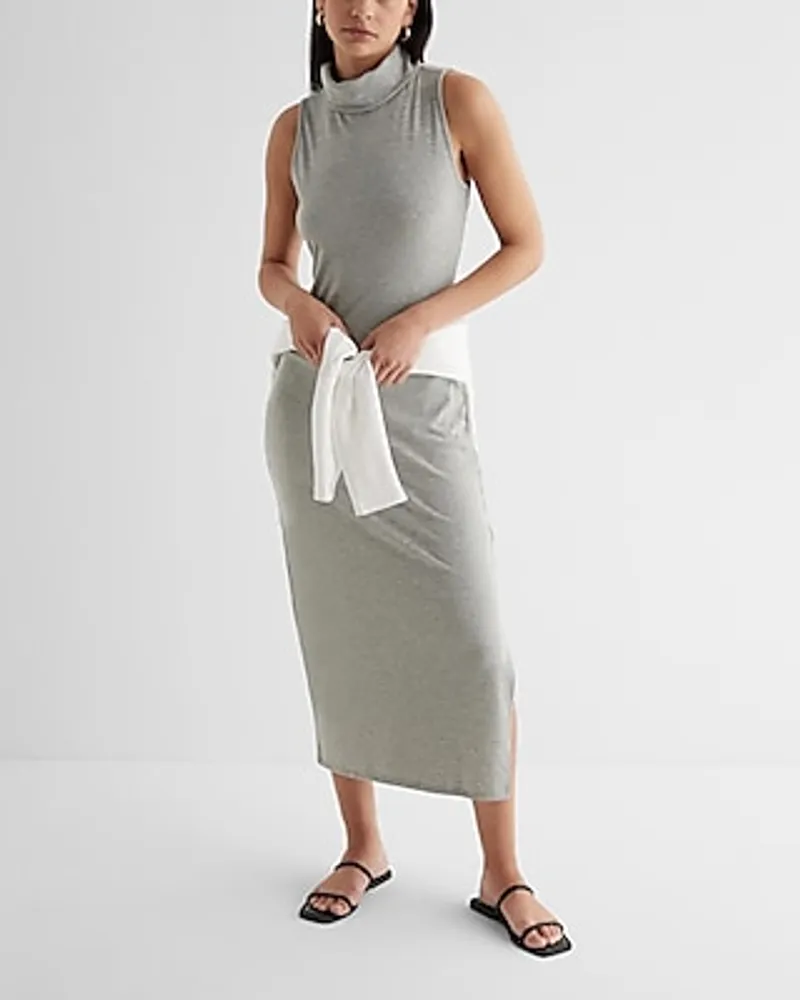 Casual Ribbed Mock Neck Sleeveless Midi Dress Gray Women's