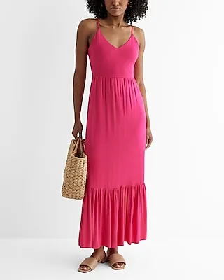 Vacation,Casual V-Neck Back Cutout Tiered Maxi Dress Pink Women's S