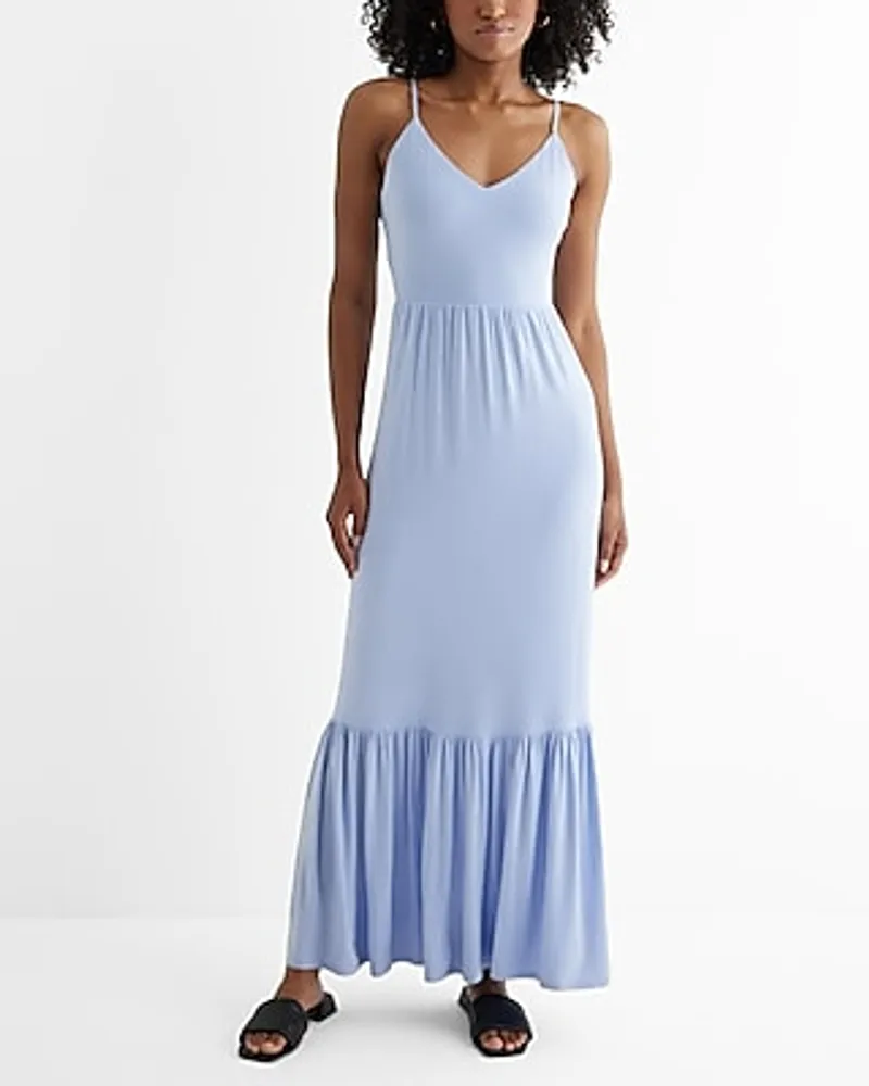 Vacation,Casual V-Neck Back Cutout Tiered Maxi Dress Blue Women's