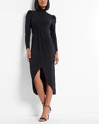 Work Mock Neck Puff Shoulder Twist Front Midi Dress