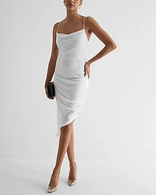 Cocktail & Party Sequin Cowl Neck Asymmetrical Hem Midi Dress White Women's M