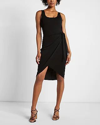Casual Body Contour Wrap Front Tie Waist Midi Dress With Built-In Shapewear Black Women's XS