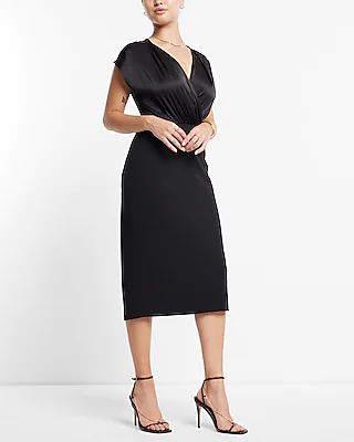 Work Draped V-Neck Midi Dress Black Women's XS