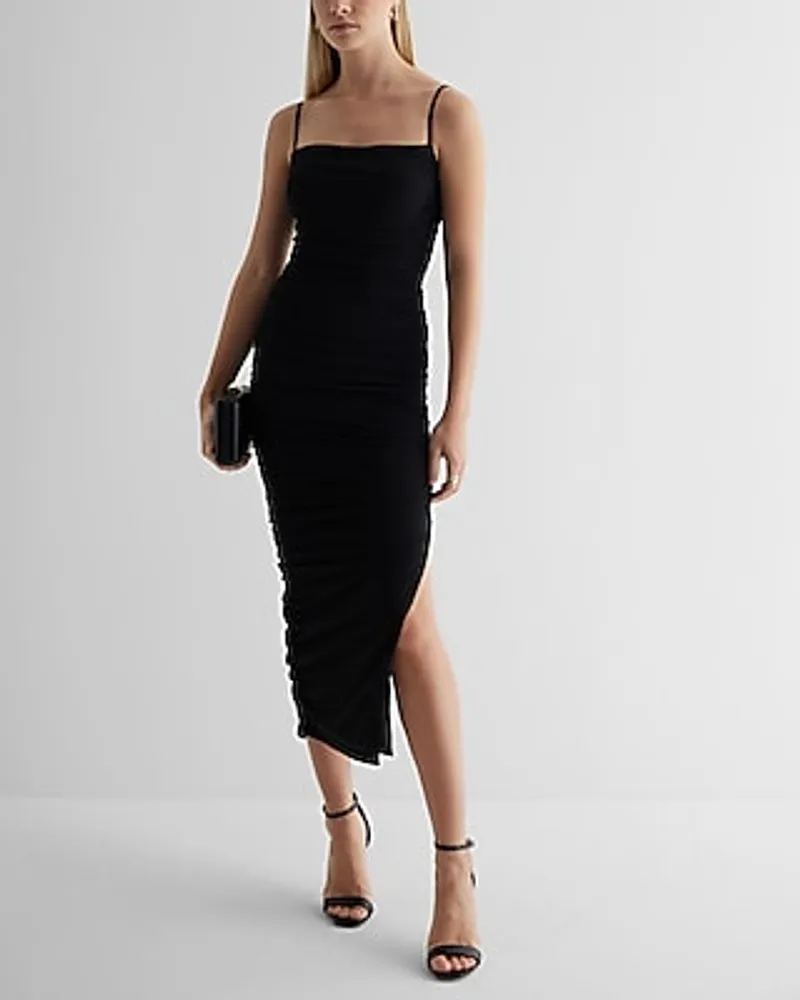 Express Cocktail & Party,Date Night,Bridal Shower Body Contour Mesh Ruched  Side Slit Midi Dress With Bra Cups Black Women's S