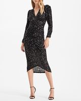 Cocktail & Party Sequin V-Neck Puff Shoulder Ruched Midi Dress