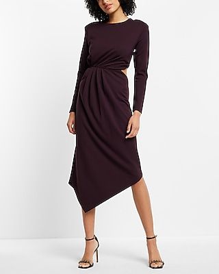 Cocktail & Party Long Sleeve Cutout Ruched Asymmetrical Hem Midi Dress Purple Women's S