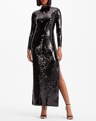 Cocktail & Party Sequin Mock Neck Long Sleeve Maxi Dress