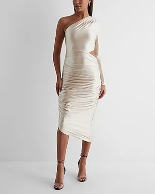 Date Night,Cocktail & Party Satin One Shoulder Ruched Cutout Midi Dress Neutral Women's XL