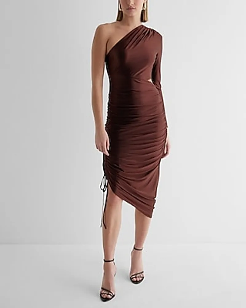 Date Night,Cocktail & Party Satin One Shoulder Ruched Cutout Midi Dress Brown Women's XL