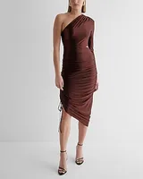 Date Night,Cocktail & Party Satin One Shoulder Ruched Cutout Midi Dress Brown Women's S